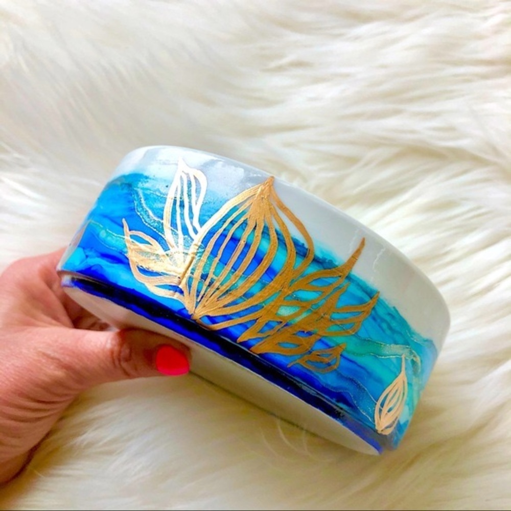 BOWL Hand Painted green, blue, gold leaves ceramic dish